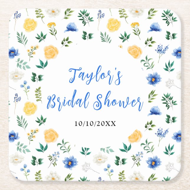 Blau-Gelbes Brautparty Rechteckiger Pappuntersetzer (Vorderseite)