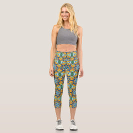 Blau-gelbes fraktales geometrisches Muster Capri Leggings