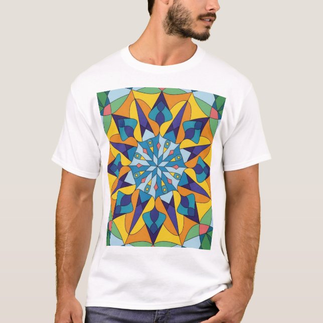 Blau-gelbes fraktales geometrisches Muster T-Shirt (Vorderseite)
