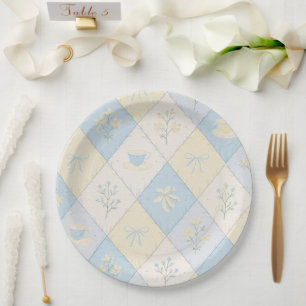 Blau-gelbes Patchwork-Muster Süße Babyparty Pappteller