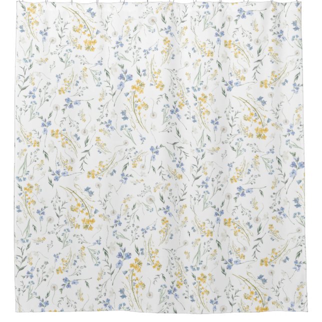 Blau Gelbes Wildblumenmuster Duschvorhang (Vorderseite)