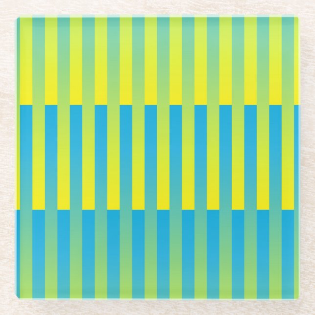 Blau-Gelbgrün gestreiftes Muster Glasuntersetzer (Vorderseite)