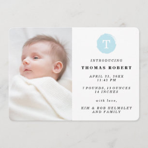 Blau gemalte Monogramm-Foto-Geburts-Mitteilung Ankündigung