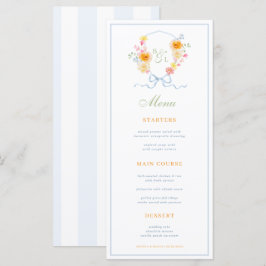 Blau gestreifte & florale Wappen Hochzeitsmenükart Menükarte