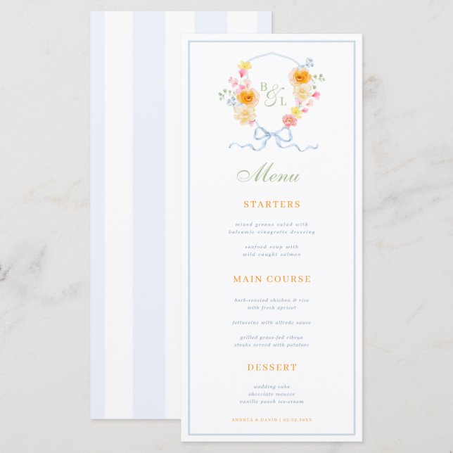 Blau gestreifte & florale Wappen Hochzeitsmenükart Menükarte (Vorne/Hinten)