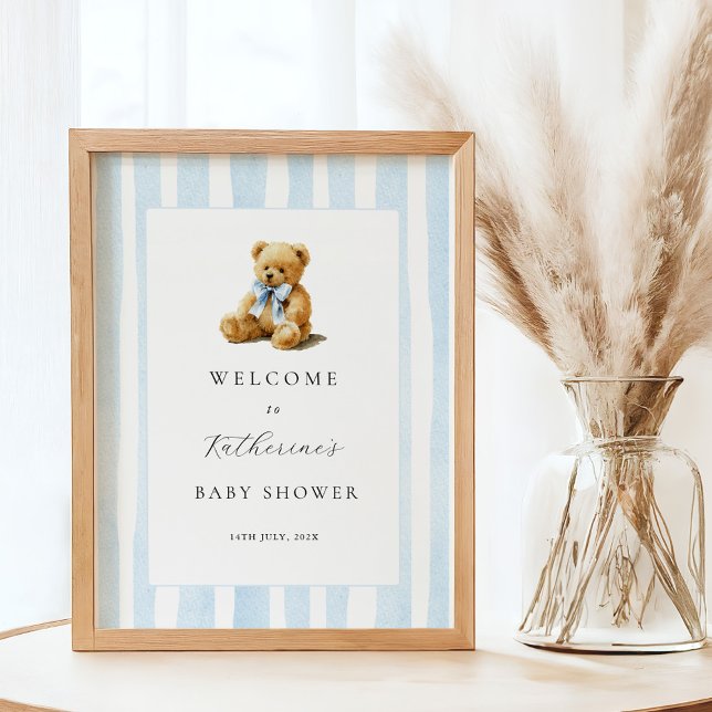 Blau gestreifter Bär Baby Shower Willkommensposter Poster (Von Creator hochgeladen)