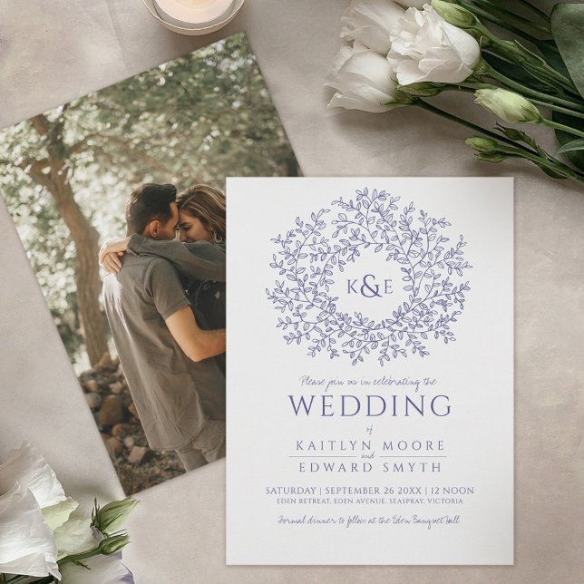 Blau gezeichnet Blatt Kranz Mono Art Hochzeitszita Einladung (Von Creator hochgeladen)