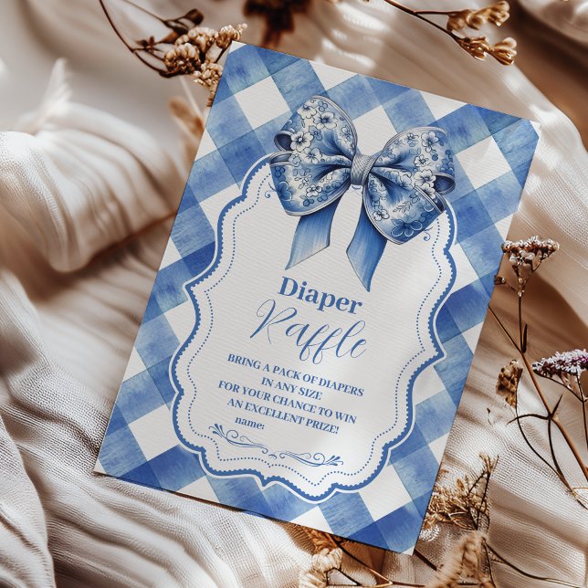 Blau Gingham und Schleife Tombola Windelverschluss Begleitkarte (Von Creator hochgeladen)