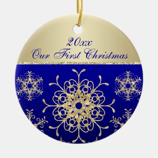 Blau, Gold1. Weihnachtsandenken-Verzierung Keramik Ornament (Vorne)