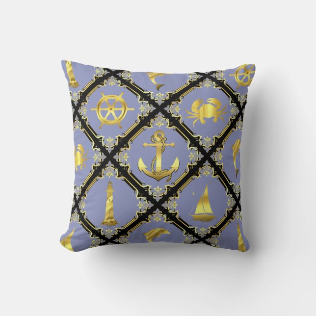 Blau/Gold/Delphin/Segelboot/Anker/Krabbe Kissen (Vorderseite)
