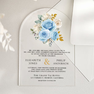 Blau Gold Elfenbein Blumen Rosen Hochzeit Acryleinladungen