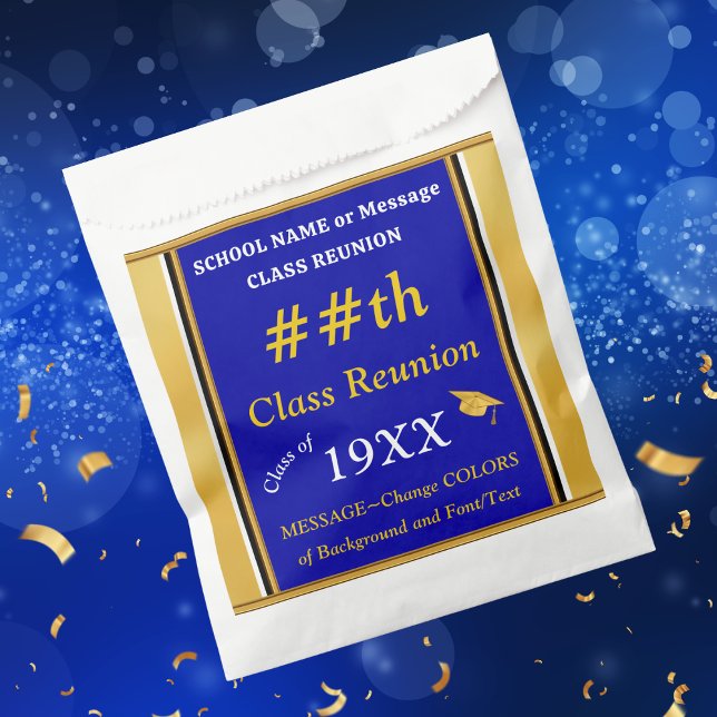 Blau, Gold, FARBEN ändern, Wiedersehen-Geschenktas Geschenktütchen (Class Reunion goodie bag ideas. Class reunion party favors. Blue, White, Class Reunion goodie bags.)