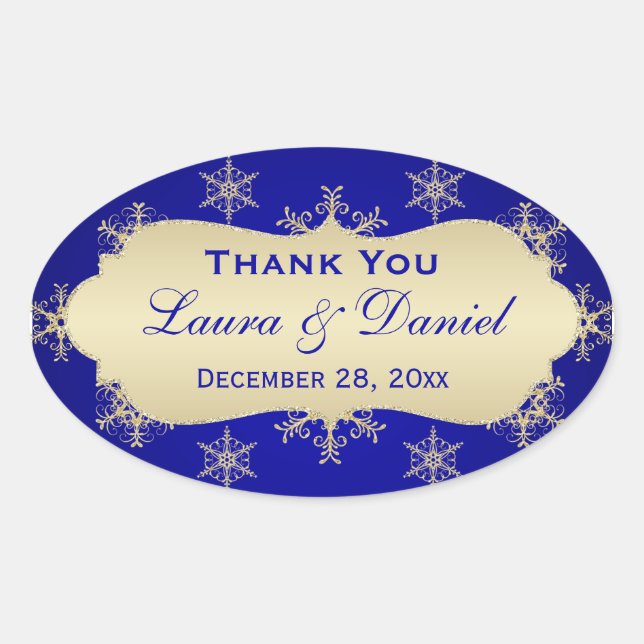 Blau, Gold Glitzer schauen Snowflake Hochzeitstick Ovaler Aufkleber (Vorderseite)