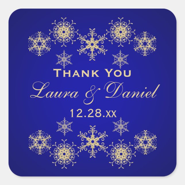 Blau, Gold Glitzer schauen Snowflake Hochzeitstick Quadratischer Aufkleber (Vorderseite)