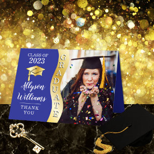 Blau Gold Graduate Wave Grad Cap Foto Dankeskarte