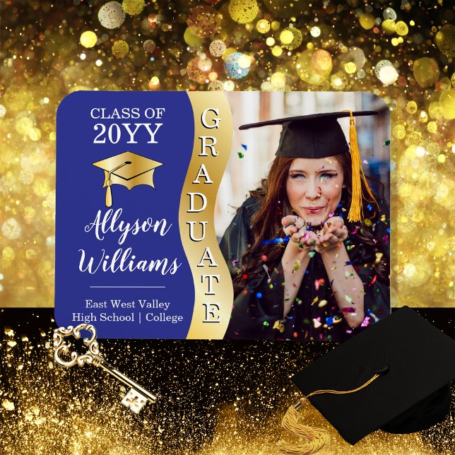 Blau | Gold Graduate Wave Grad Cap Foto Magnet (Blue and Gold Tone Graduate Wave Grad Cap Photo Magnet Announcement)