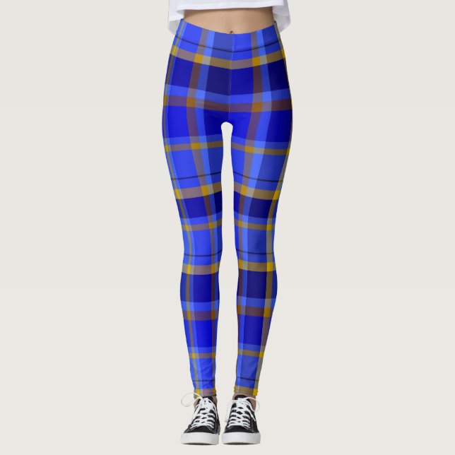 Blau/Gold Karierte Frauen Leggings (Vorderseite)