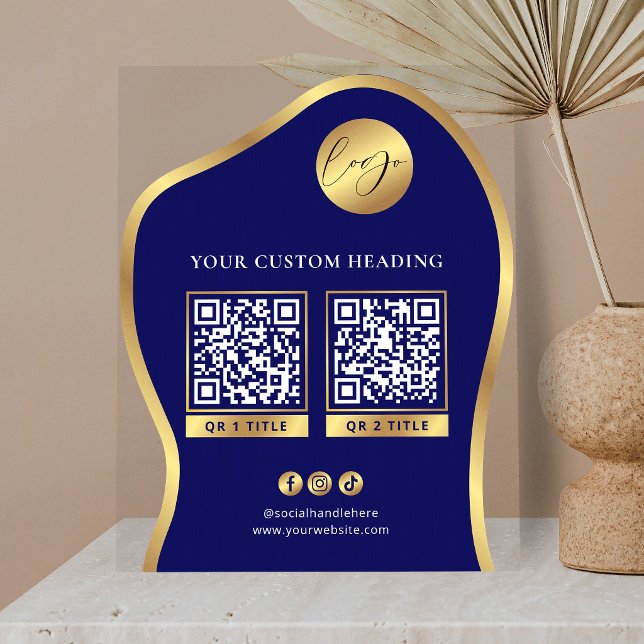 Blau & Gold Logo Geschäft 2 QR Codes Werbe- Acrylschild (Von Creator hochgeladen)