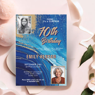 Blau Gold Marmor Glitter 2 Foto 70. Geburtstag Einladung