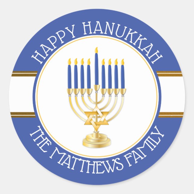 Blau | Gold Menorah Happy Hanukkah Classic Round Runder Aufkleber (Vorderseite)