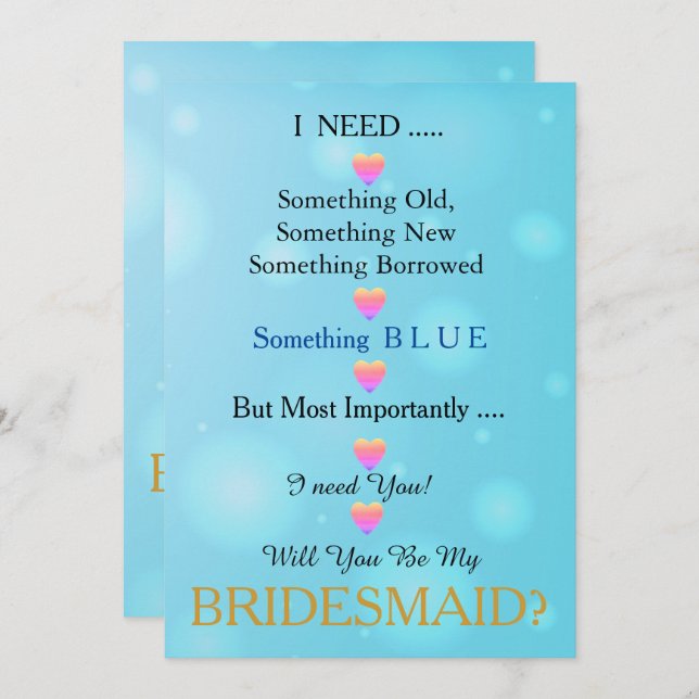 Blau & Gold mit Herz werden Sie meine Bridesmädche Einladung (Vorne/Hinten)
