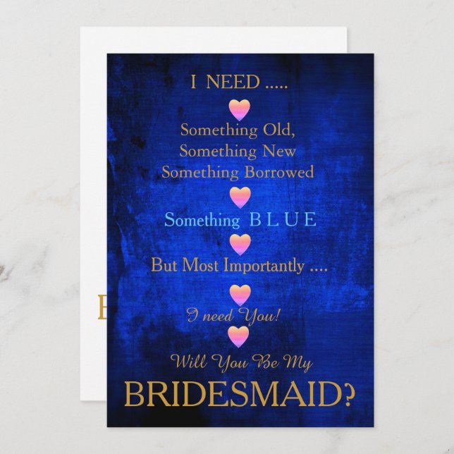 Blau & Gold mit Herz Werden Sie meine Bridesmädche Einladung (Vorne/Hinten)