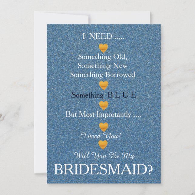 Blau & Gold mit Herz werden Sie meine Bridesmädche Einladung (Vorderseite)