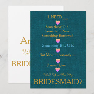 Blau & Gold mit Herz Wirst du meine Brautjungfer s Einladung