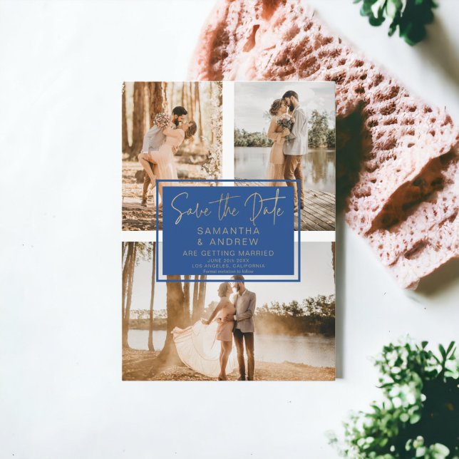 Blau-Gold-Raster Save the Date 3 Foto (blue gold save the date 3 photo grid collage)