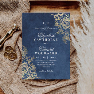 Blau & Gold ⎮Rose Botanische Elegante Hochzeit Einladung