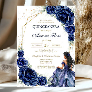Blau Gold Silber Mis Quince Quinceañera Geburtstag Einladung
