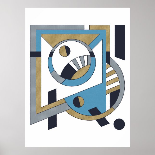Blau, Gold, Silver Avant Garde Geometric Abstrakt Poster (Vorne)