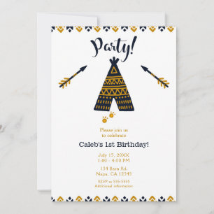 Blau & Gold Tipi Boho Moderne Geburtstagsfeier Einladung