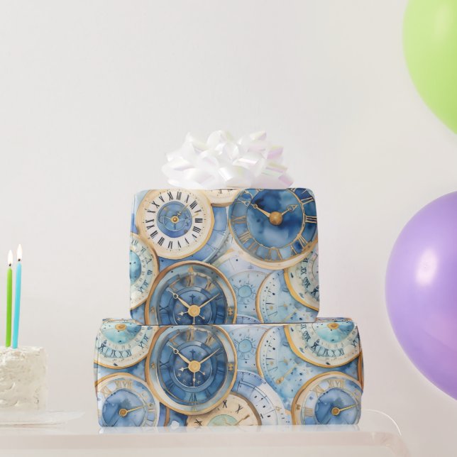 Blau-Gold-Uhr-Muster Geschenkpapier (Partygeschenke)