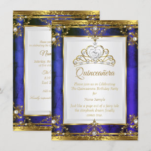 Blau Gold Weiße Perle Prinzessin Quinceanera Einladung