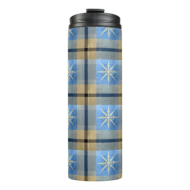 BLAU & GOLD WINTER SNOWFLAKE KARIERTE MUSTER THERMOSBECHER (Vorderseite)