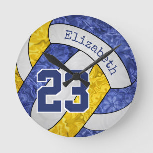 blau-goldene Mädchen-Volleyballmannschaft-Farben Runde Wanduhr