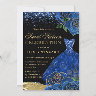 Blau-goldener Glitterkleid Glam Roses Sweet 16 Einladung