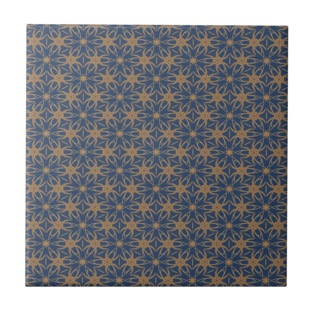Blau-goldenes Blütenmuster Fliese (Vorderseite)