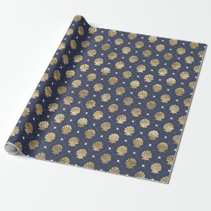Blau-goldes nautisches Muschel-Muster Geschenkpapier