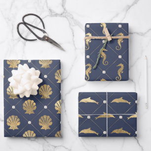 Blau-goldes nautisches Muster Geschenkpapier Set