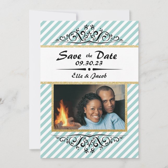 Blau/goldgestreift Save the Date flache Fotokarte (Vorderseite)