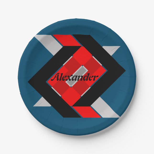 Blau-Grau-geometrisch personalisiert Pappteller (Vorderseite)