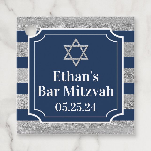 Blau, grau gestreift Bar Mitzvah Danke Geschenkanhänger (Vorderseite)