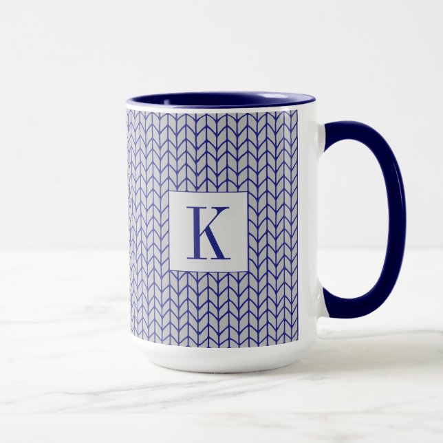 BLAU GRAU GESTRICKT Hohe Navy-Kombitasse + Initial Tasse (Rechts)