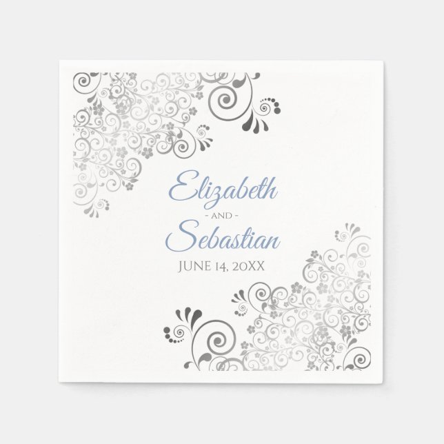 Blau & Grau mit Silver Frills Elegante Hochzeit Serviette (Vorderseite)