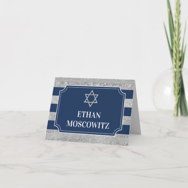 Blau, grau Streifen Bar Mitzvah Danke Karte (Vorderseite)