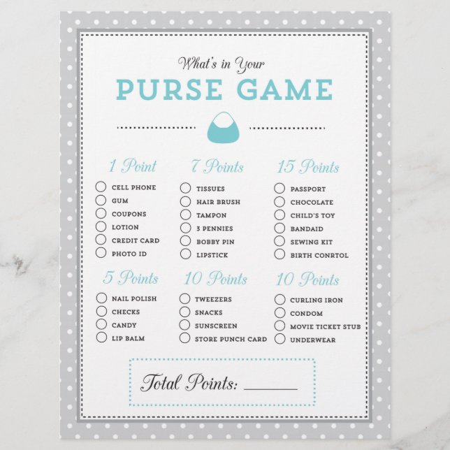 Blau & Grau Was ist in Ihrer Handtasche? Spiel (Vorderseite)