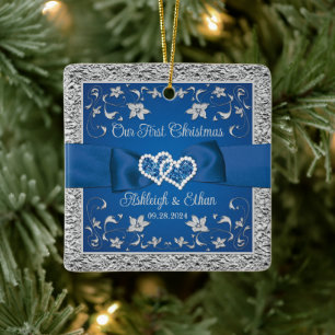 Blau, Graue Liebesherzen Hochzeit 1. Weihnachten Keramikornament