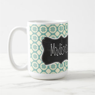Blau-Grün & Creme Blumen; Vintage-Schultafel Kaffeetasse
